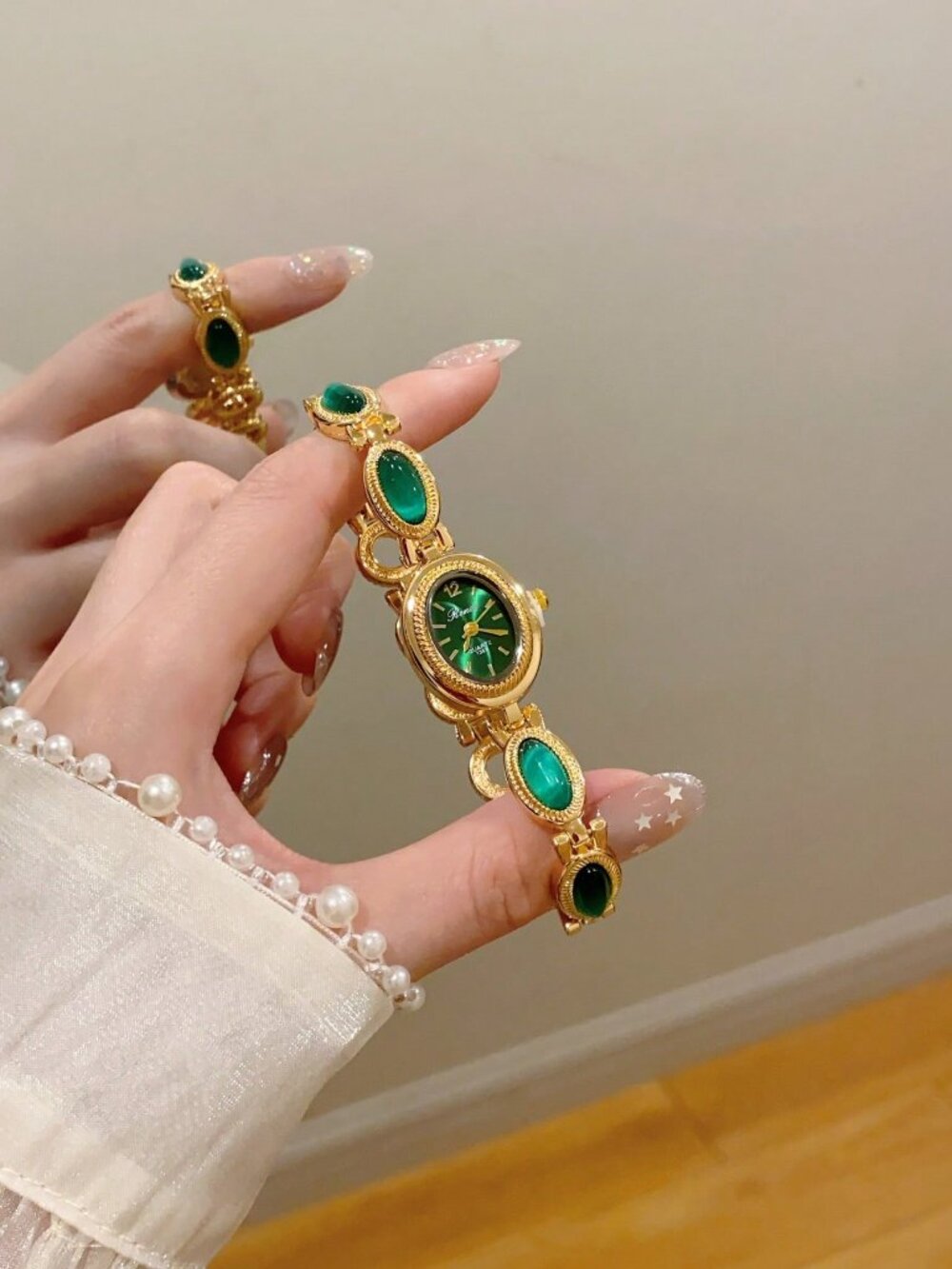Women's Green and Gold jem stones  Watch